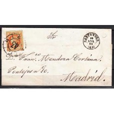 Matasellos y marcas de 4 cuartos Rueda de carreta 1860 Edifil 52 nº 43 Santander CARTA con mtº fecha