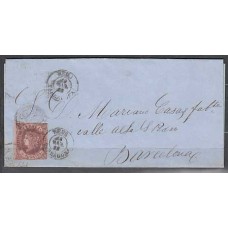 Matasellos y marcas de 4 cuartos Fechador 1862 Edifil 58  Reus (Tarragona) CARTA a Barcelona