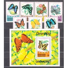 Grenada-Grenadines - Correo Yvert 67/73+H.10 ** Mnh  Fauna mariposas