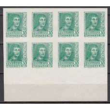 España Variedades 1938 Edifil 844 Aecd ** Mnh CMS color cambiado verde amarillento - Bloque de 8 sellos con borde de hoja