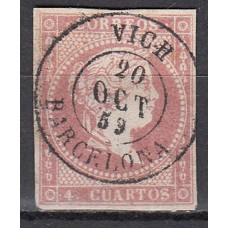 Matasellos y marcas de 4 cuartos Fechador 1856 Edifil 48 Vich (Barcelona) Tipo II