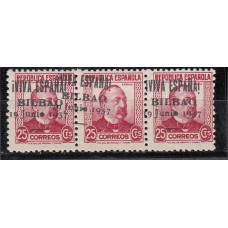 Locales Patrióticos Bilbao 1937 Edifil 7 ** Mnh Tira de 3 sellos con Sobrecarga entre los sellos